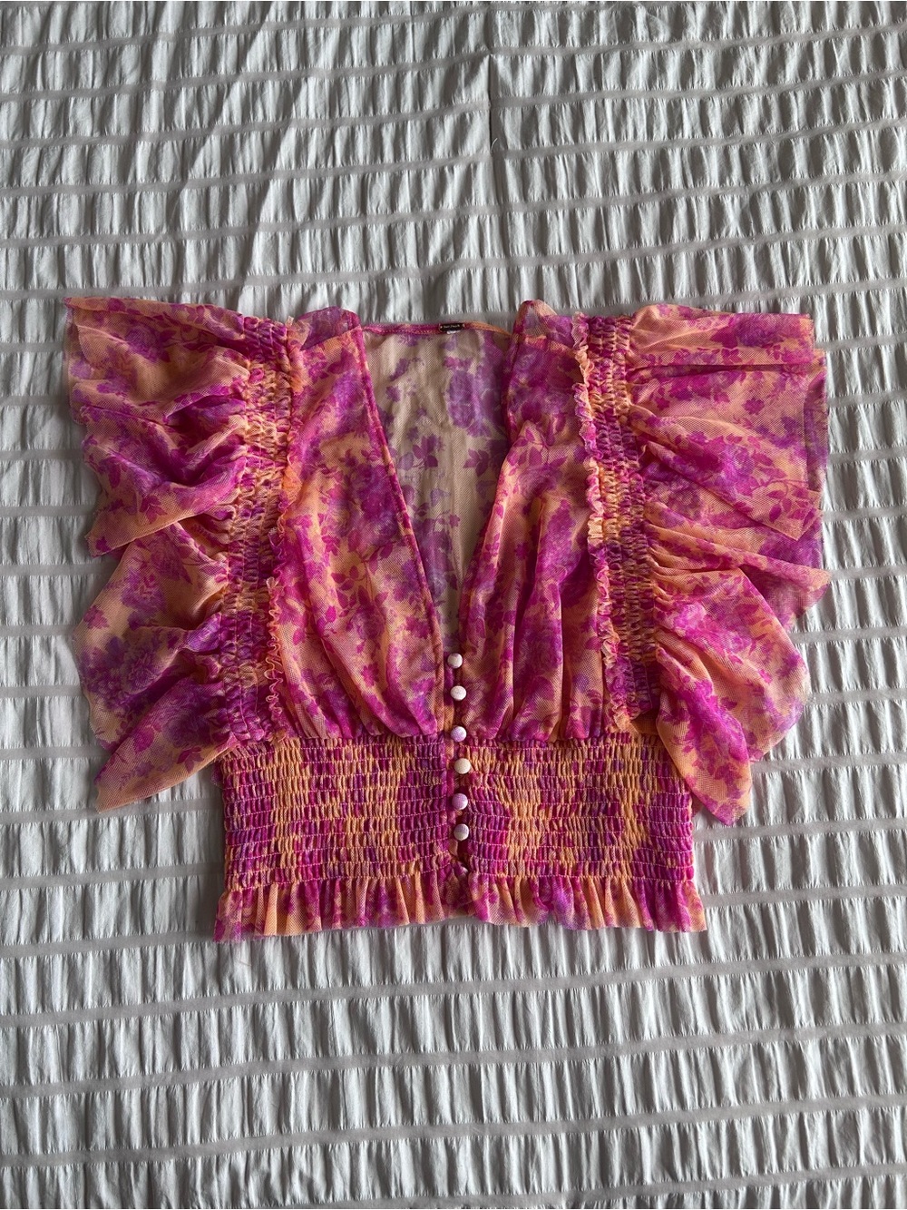 Free People Bright Floral Sheer Mesh Smocked Top (XS-S)